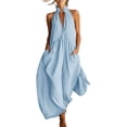 thumbnail image 3 of Women's Cotton Loose Wide Leg Jumpsuit, Deep V Neck Sleeveless with Side Pockets, Casual Summer Beach Wear, Long Pants | VerBelle,Light Blue XL, 3 of 8