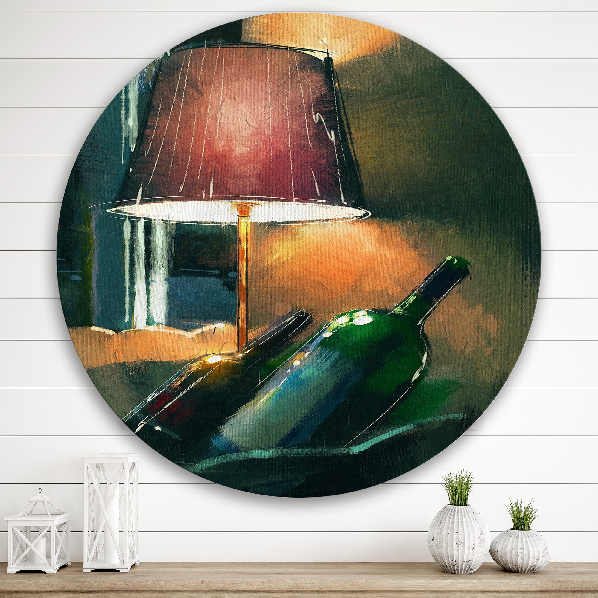 Designart 'Lamp Glowing Orange In The Night and Wine Bottles' Modern Circle Metal Wall Art 36x36 - Disc of 36