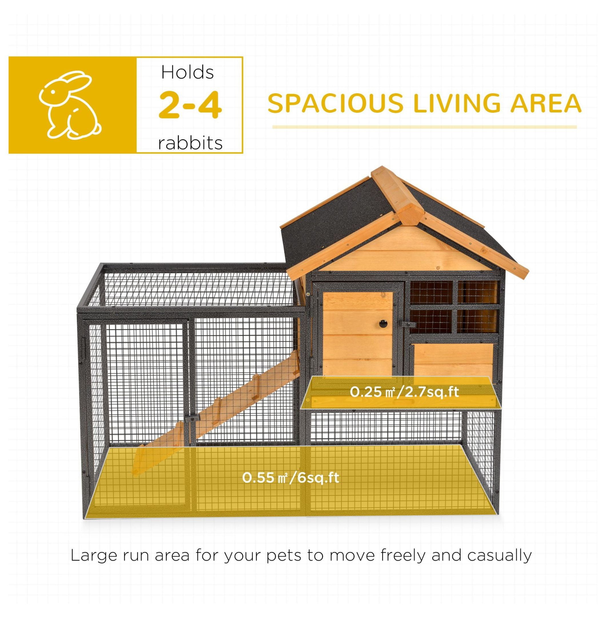 2-Level Rabbit Hutch Bunny Cage, Elevated Pet House with Weatherproof Hinged Asphalt Roof, Removable Tray & Ramp for Outdoor, Natural