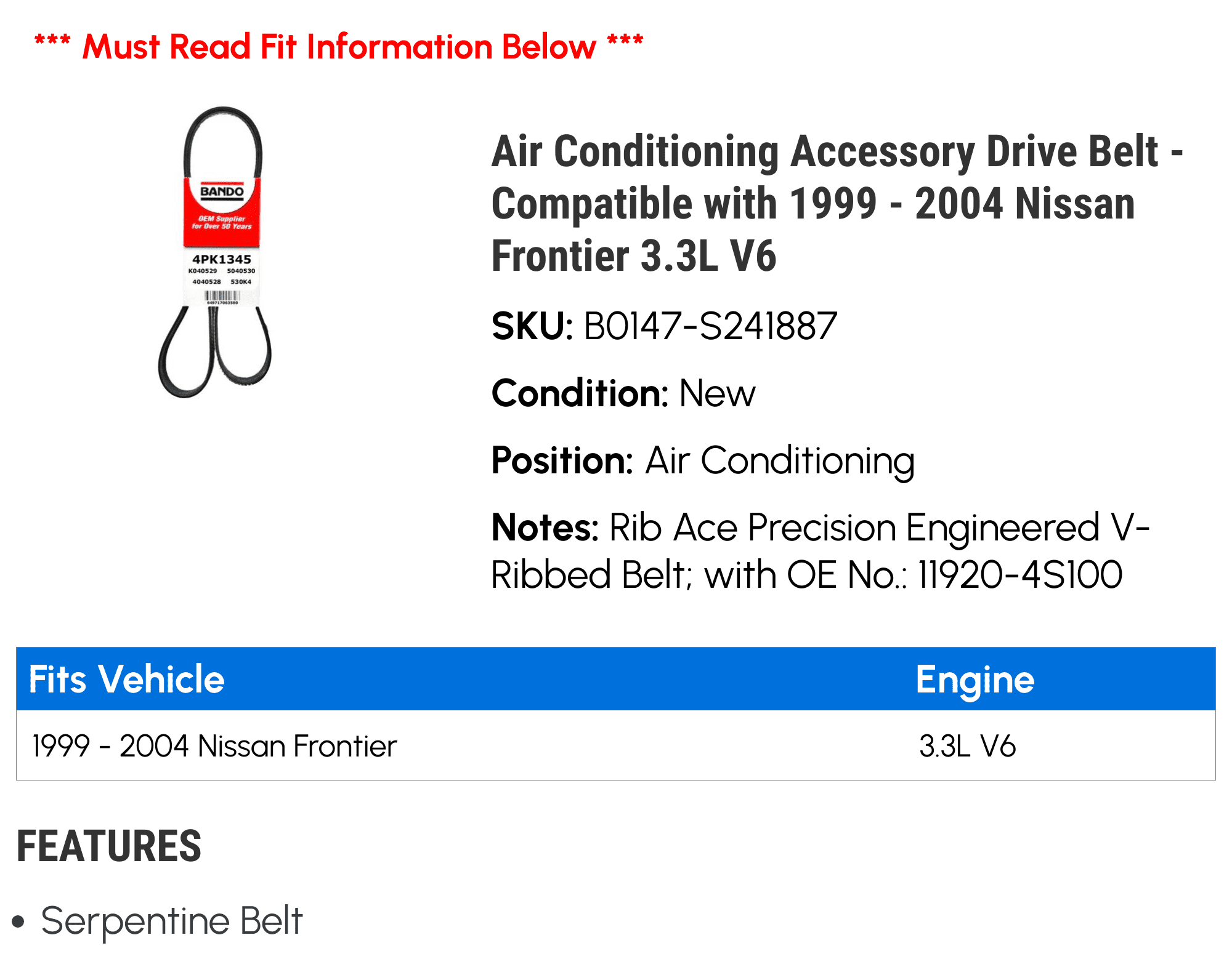 Air Conditioning Accessory Drive Belt - Compatible with 1999 - 2004 Nissan Frontier 3.3L V6 2000 2001 2002 2003