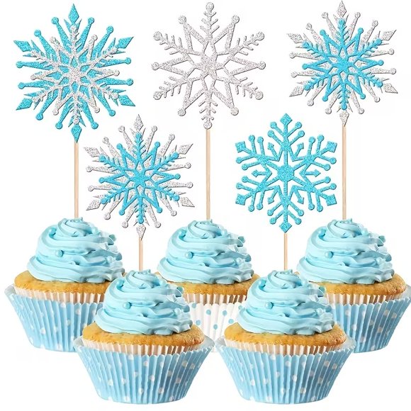 12 insertos for pastel de Navidad con copos de nieve azul plateado