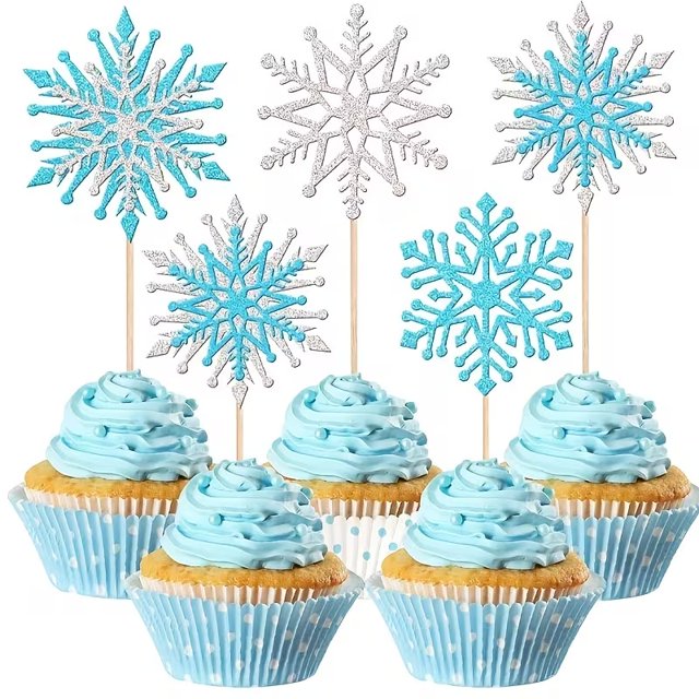 12 insertos for pastel de Navidad con copos de nieve azul plateado