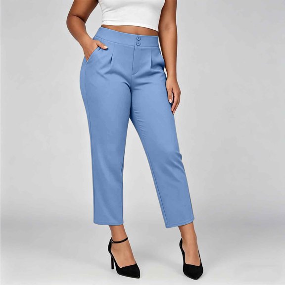 Mifsaly Summer Work Pants for Women Double Button Pleated Straight Leg Casual Office Trousers with Pockets Blue,XL