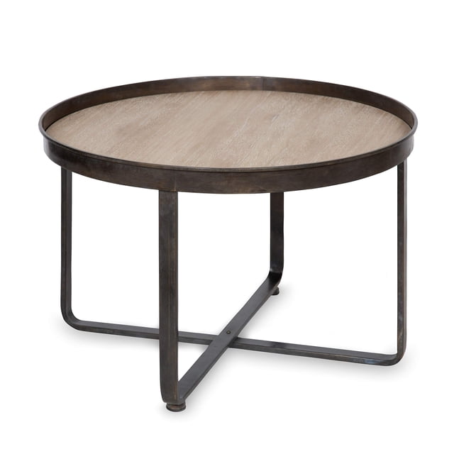 Kate and Laurel Zabel Ferme Moderne Table Basse Ronde avec Base en Croix de Fer Forgé Noir et Insert en Bois Fini en Chêne Blanc