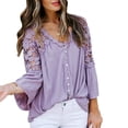 thumbnail image 4 of Sonducket Camisa de mujer con cuello en V Camisa de encaje Blusa en V Color sólido Botón de manga larga Top Prendas para la parte del cuerpo Violeta M, 4 of 6