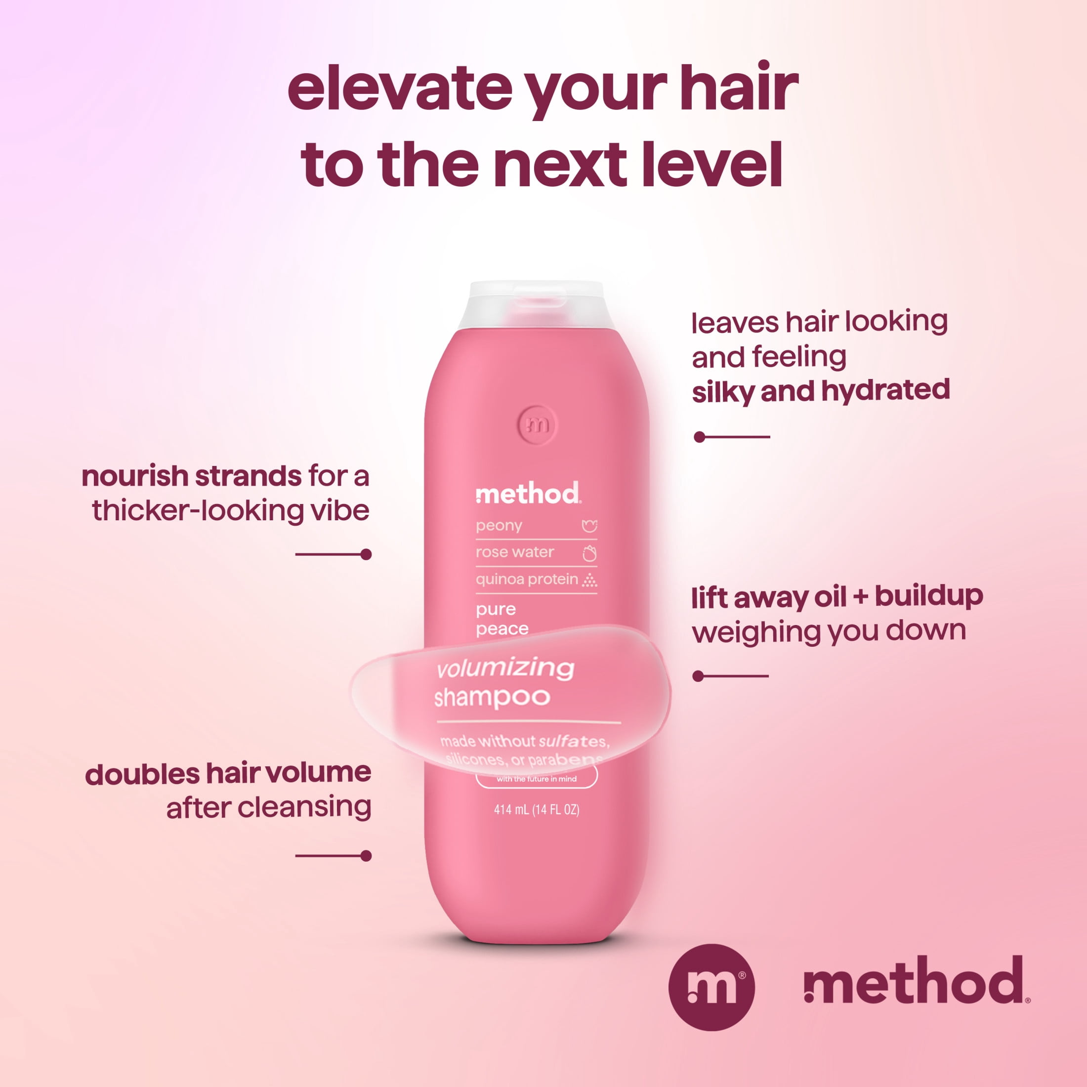 3 pack) Method Pure Peace Volumizing Shampoo, for Thicker, Fuller