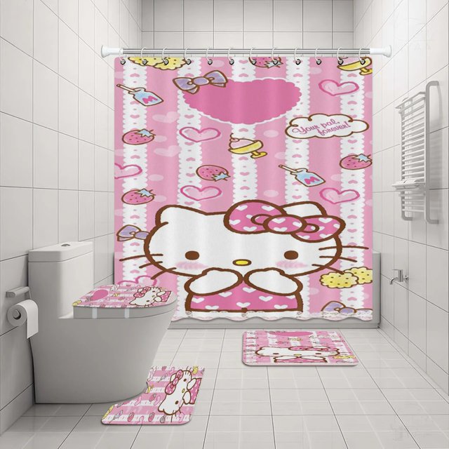 Hello Kitty Ensemble de Rideau de Douche Sanrio Impression Anime Imperméable Rideau de Douche Ensemble de Quatre Pièces Tapis Couvercle de Toilette en Forme de U LS