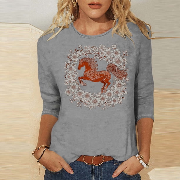 TaTaai Ladies 2026 New Year Graphic Print 3/4 Sleeve Blouse Round Neck Casual Top Holiday Celebration Festive Party Attire Gift