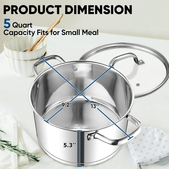 5 QT Stock Pot Tri-Ply Bottom Stainless Steel Stockpot Cooking Soup with Lid