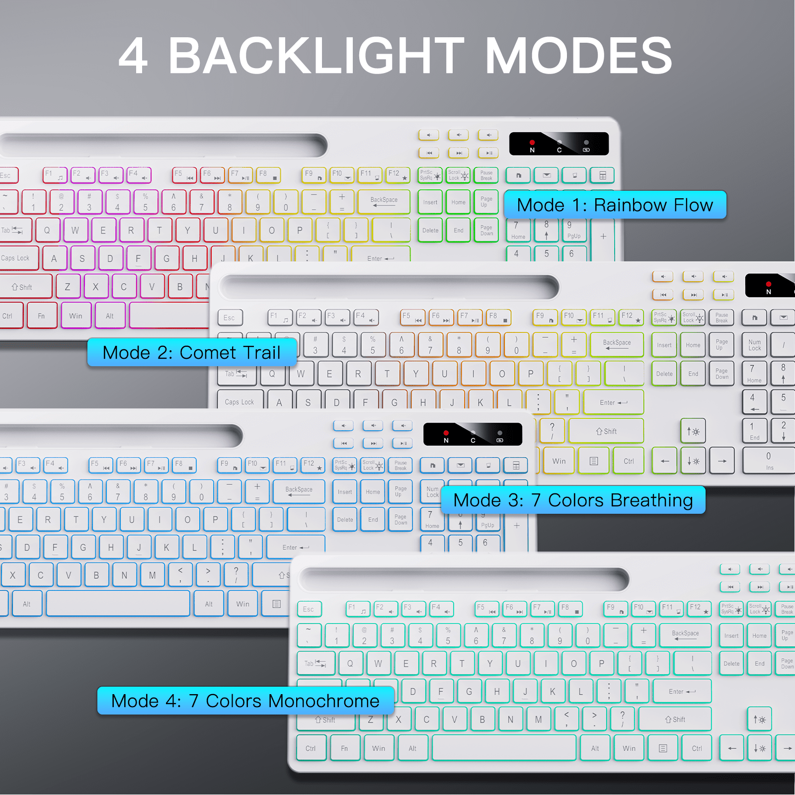Wireless Keyboard with 7-Color RGB Backlit, Marvo Full-Size Computer Keyboard with Phone Tablet Holder, Rechargeable 2.4G Wireless Gaming Keyboard with Light up Keys, Compatible with Mac,Window,White