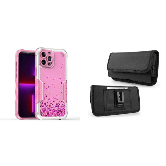 Case and Pouch Bundle for iPhone 14: Heavy Duty Armor Rugged Case (Pink Floating Hearts) and Horizontal Rugged Nylon Belt Holster