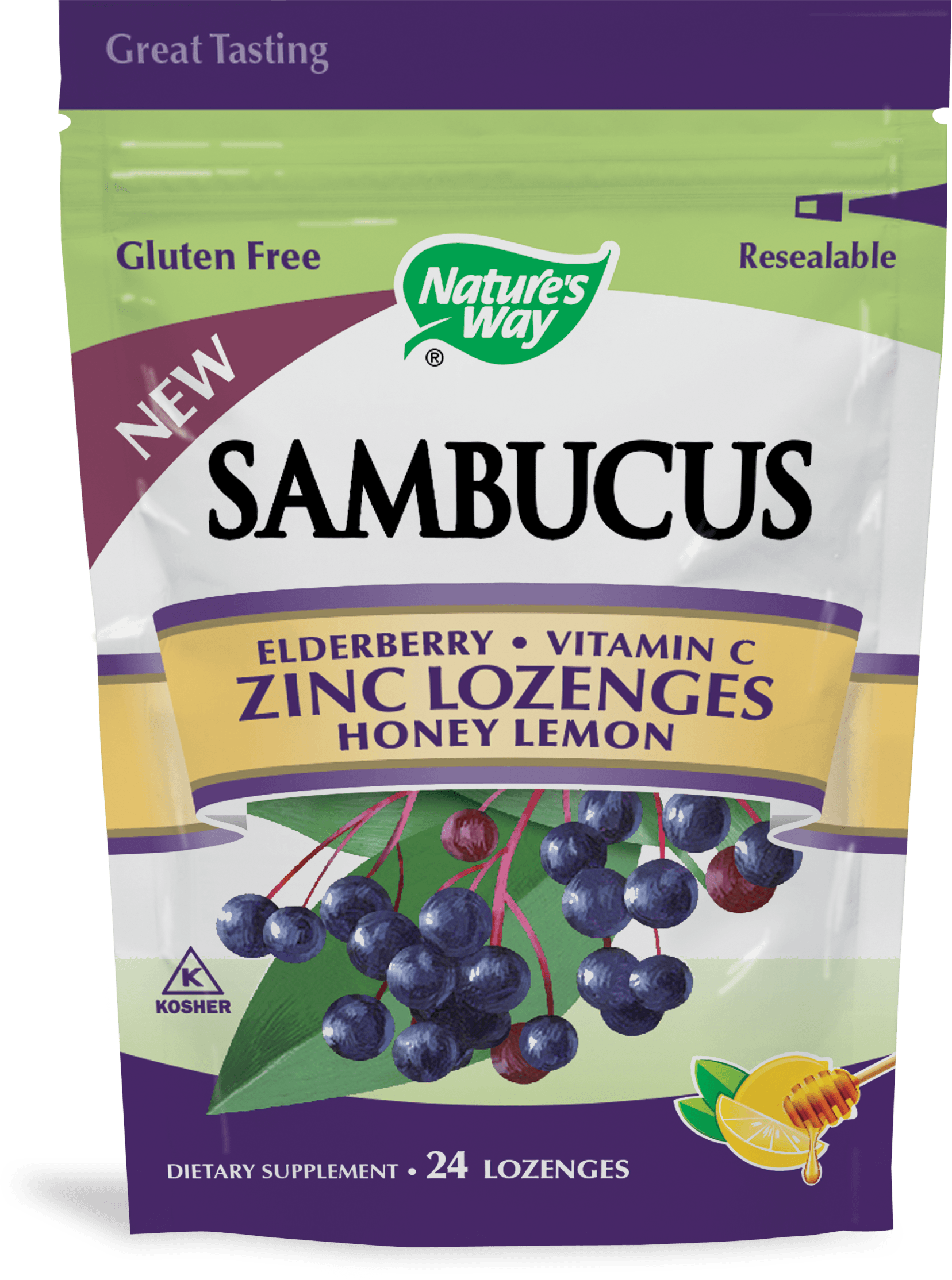 Nature's Way Sambucus Zinc with Elderberry and Vitamin C Lozenges, Honey Lemon, 24 Ct