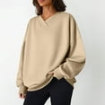 thumbnail image 2 of WTOBBY Women's Fashion Casual Solid Color Long Sleeve V-Neck Sweatshirt Top, Comfortable Pullover for Women, Soft Material Ideal for Lounge and Casual Outings,Beige L, 2 of 5
