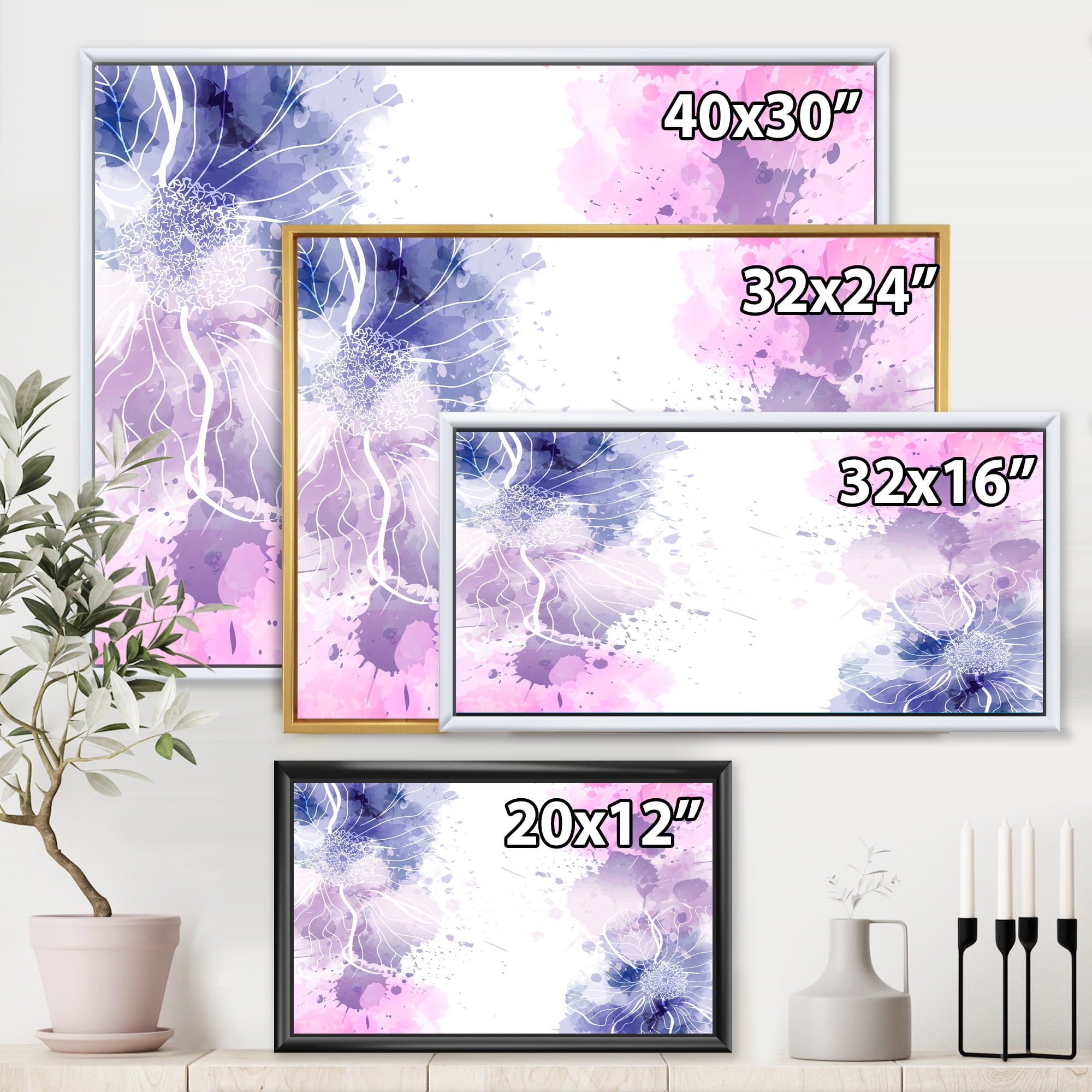 Designart 'Pink and Purple Abstract With Colorful Splashes I' Modern Framed Canvas Wall Art Print