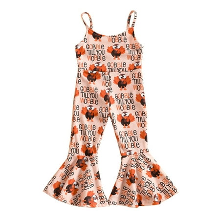

Newborn Baby Cartoon Romper Thanksgiving Toddler Kids Girls Ribbed Romper Jumpsuit Pants 2 Colors Turkey Sleeveless Strap Flare Pants Bell Bottom Playsuit