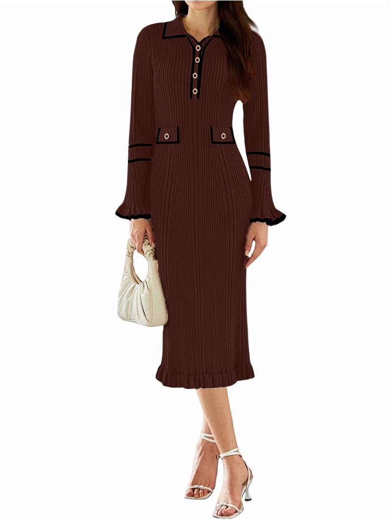 brown v neck sweater dress Jaimenalin Womens Bodycon Long Sleeve Half Button Slim Fitted Ruffle Ribbed Knit Maxi Pencil Dress M, Women's, Size: Medium Maxi dress