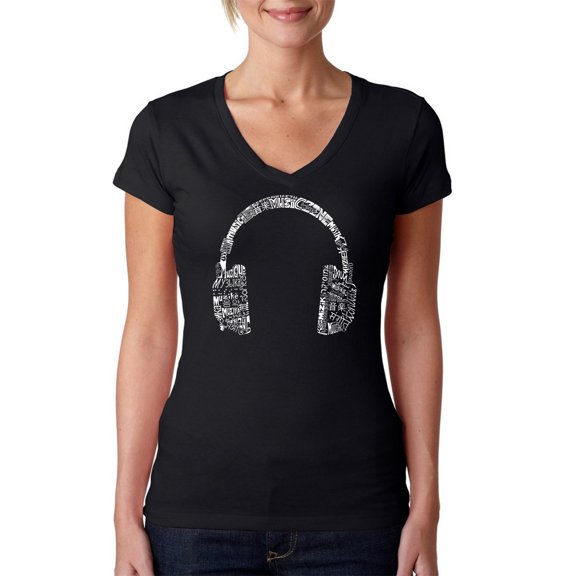 LA Pop Art Women's Word Art V-Neck T-Shirt - HEADPHONES - LANGUAGES