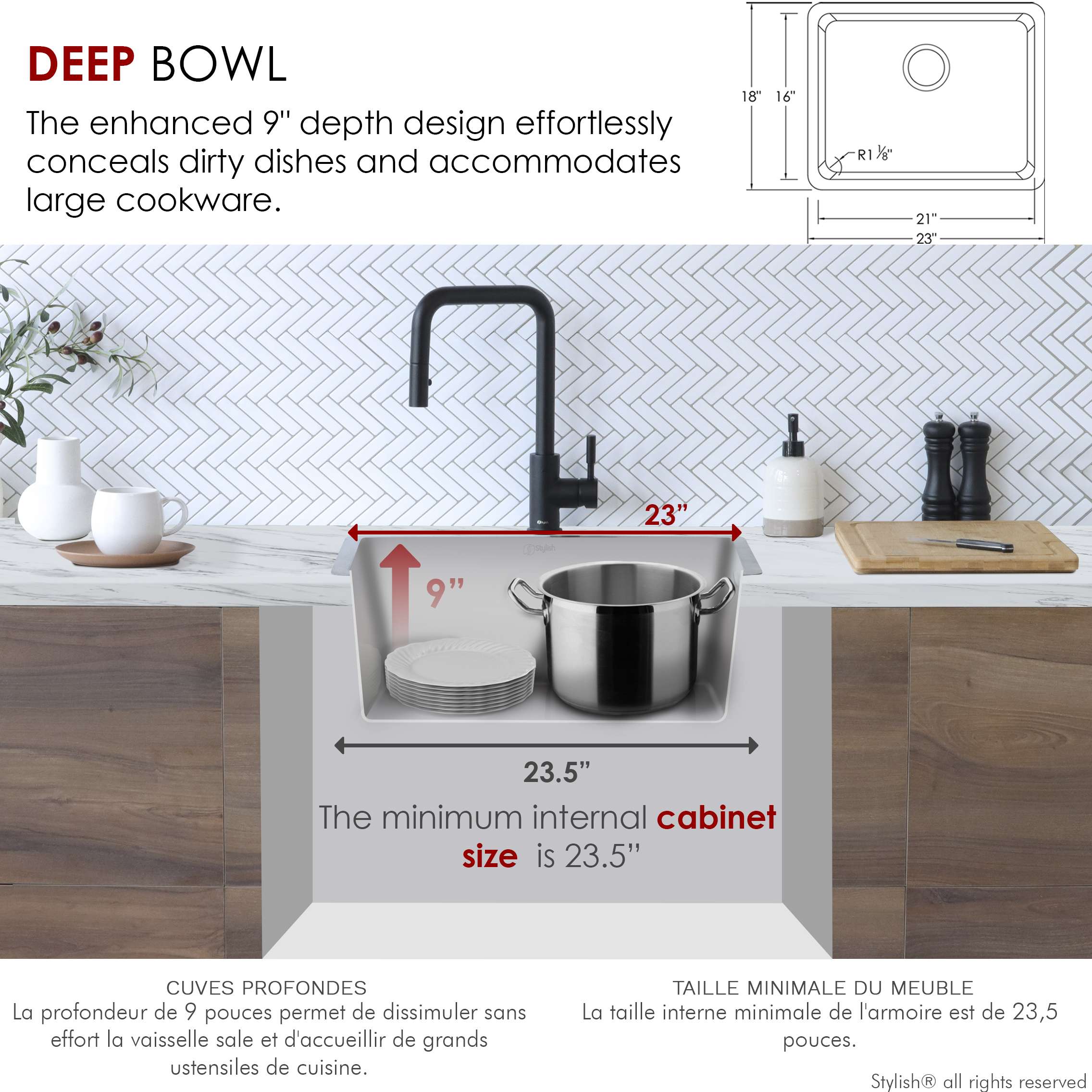 Stylish Dual Mount 23" Stainless Steel Single-Bowl Kitchen Sink with 1 Accessorie S-203T