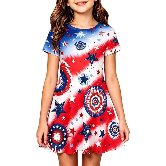 Bainana July 4Th Dress For Girls Short Sleeve Red White And Blue Dresses USA Celebrate Birthday Patriotic Dress For Toddler And Tweens 8-9 Years Red
