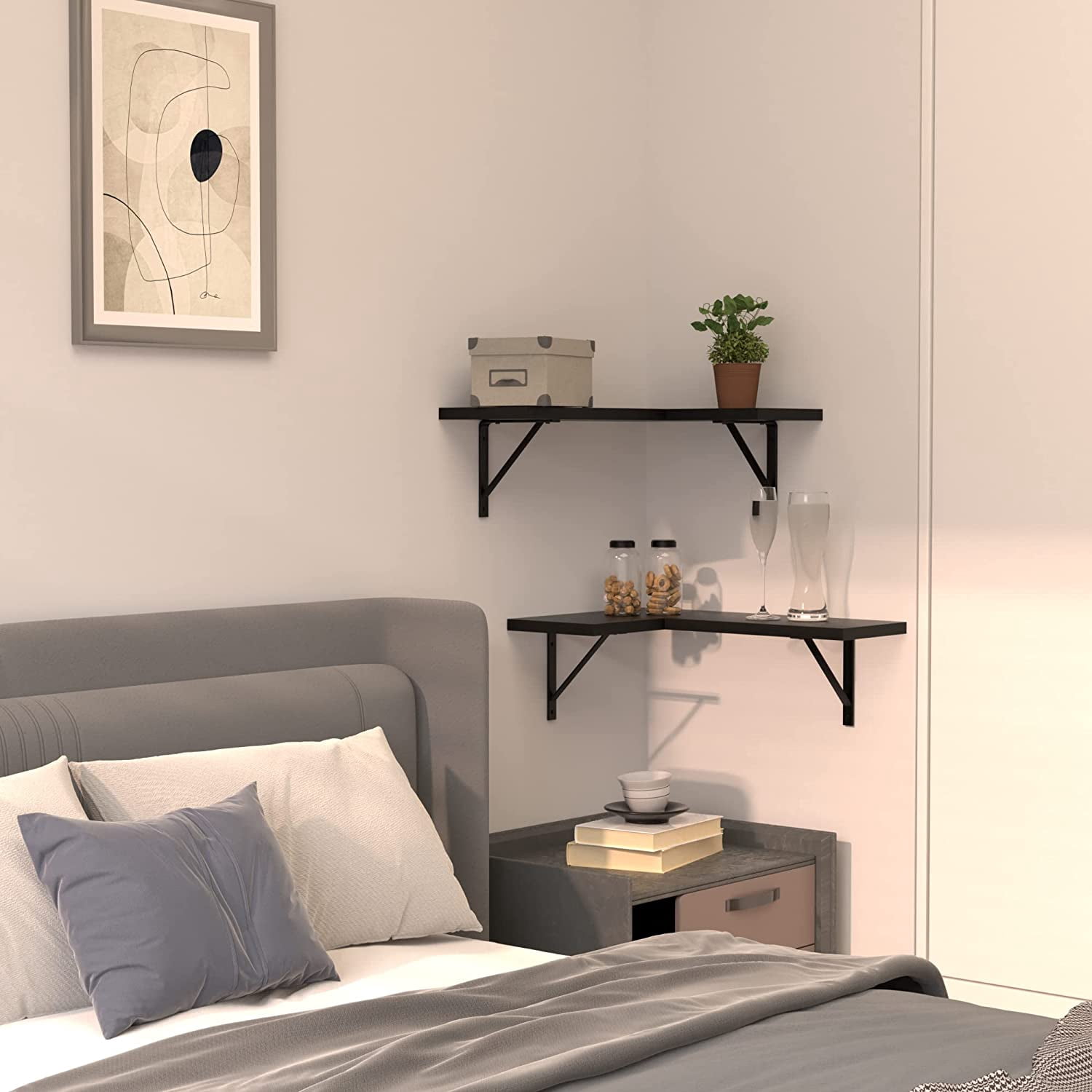 Corner Floating Shelves Set of 4, Corner Shelves Wall Mounted, for Bedroom Kitchen Living Room Bathroom Office- Gothic Style (Black, Set of 4)