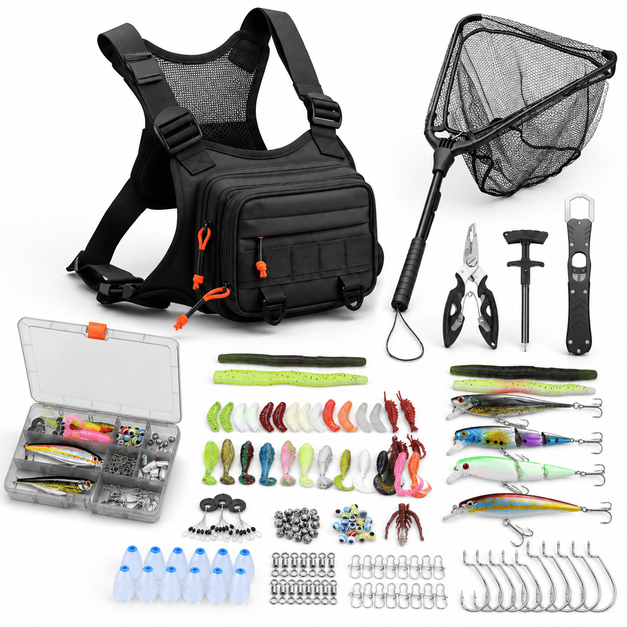 Black Fishing Chest Pack Vest Bag with Fish Floating Landing Net for Men