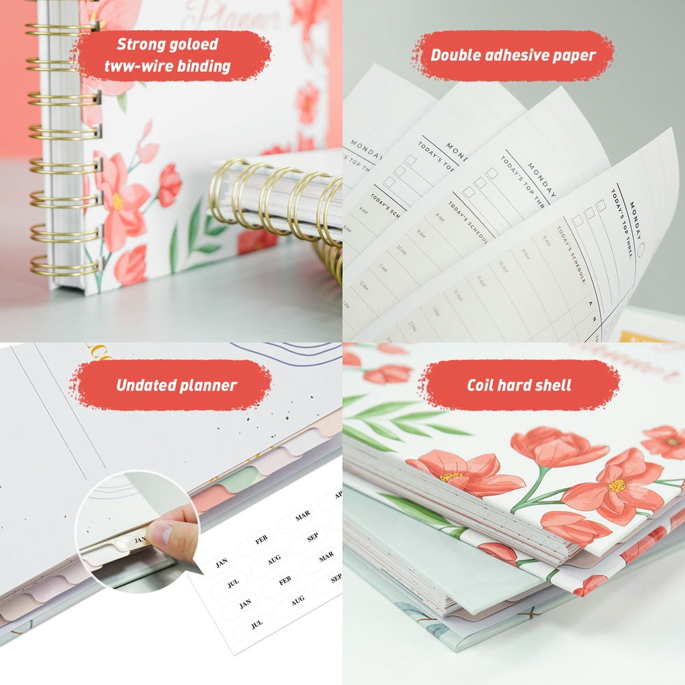 CSCHome Durable Planner 2023-2024, Coil A5 Notebook, Fine Floral Printing Hard Cover Weekly Planner , Flat 180° Spreadable for Students, Office Workers