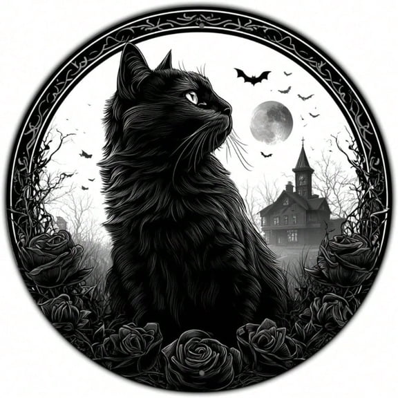 HELLOYOUNG Exotic Gothic Halloween Wreath Black Cat Vintage Metal Tin Sign, Round Rustic Wall Art Decor for Home Bar Cafe, Retro Sticker Style