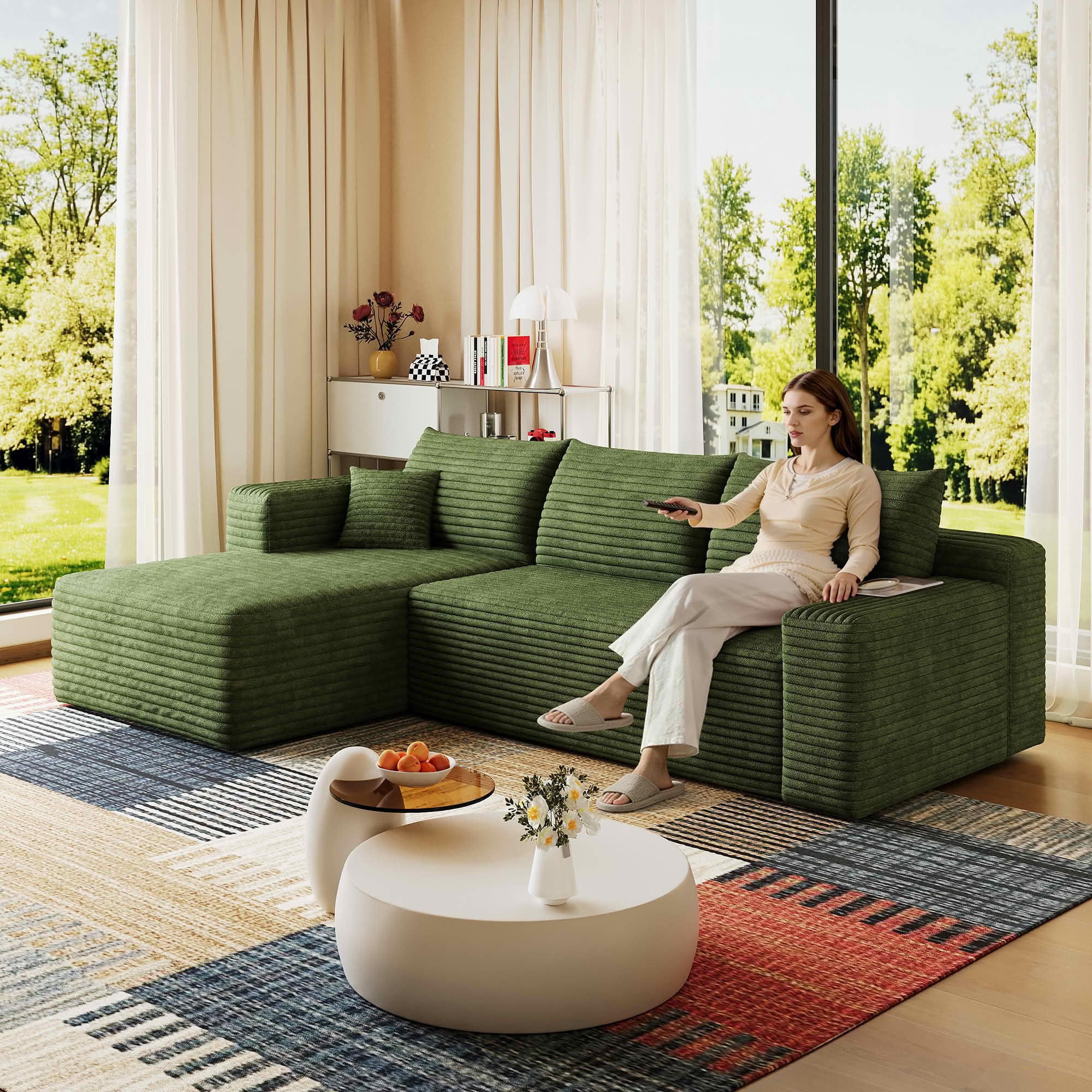 MAYEERTY 95" Corduroy L-Shaped Sectional Sofa, Modern Minimalist Deep Seat Corner Couch with Chaise, No Assembly Leisure Sofa for Home