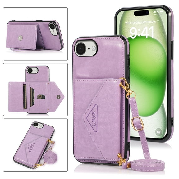Phone Case for iPhone 16e Wallet Cover with Wrist Crossbody Strap Lanyard Credit Shoulder Card Holder Slot Stand Leather Back Magnetic Flip Cell Accessories For iPhone 16e, 
Purple
