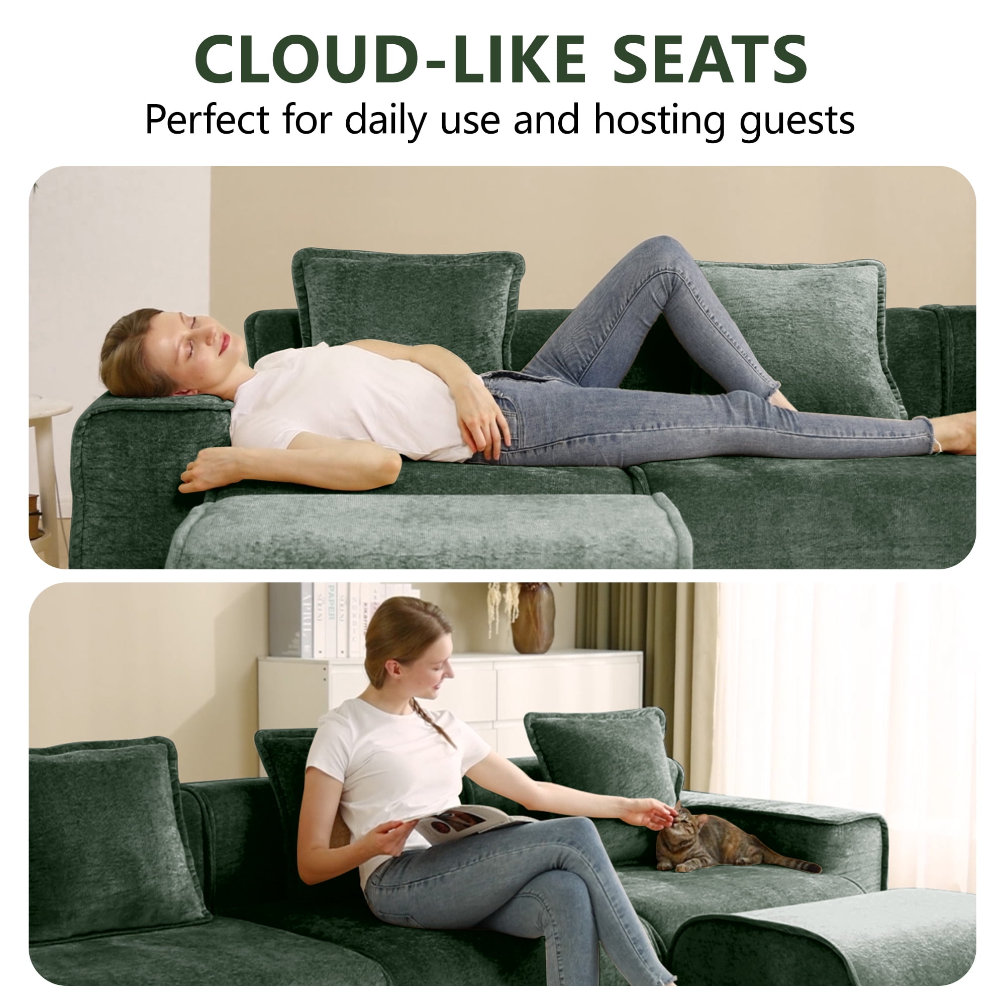 Aukfa 109" Oversized Boneless Couch Deep Seat 3 Seat Cloud Sofa for Living Room Bedroom, 3 Pillows, Velvet, Green