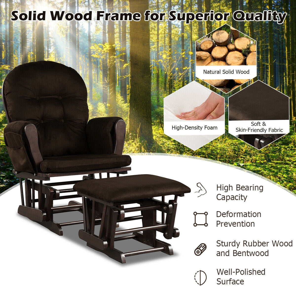Costway Glider and Ottoman Cushion Set Wood Baby Nursery Rocking Chair Brown