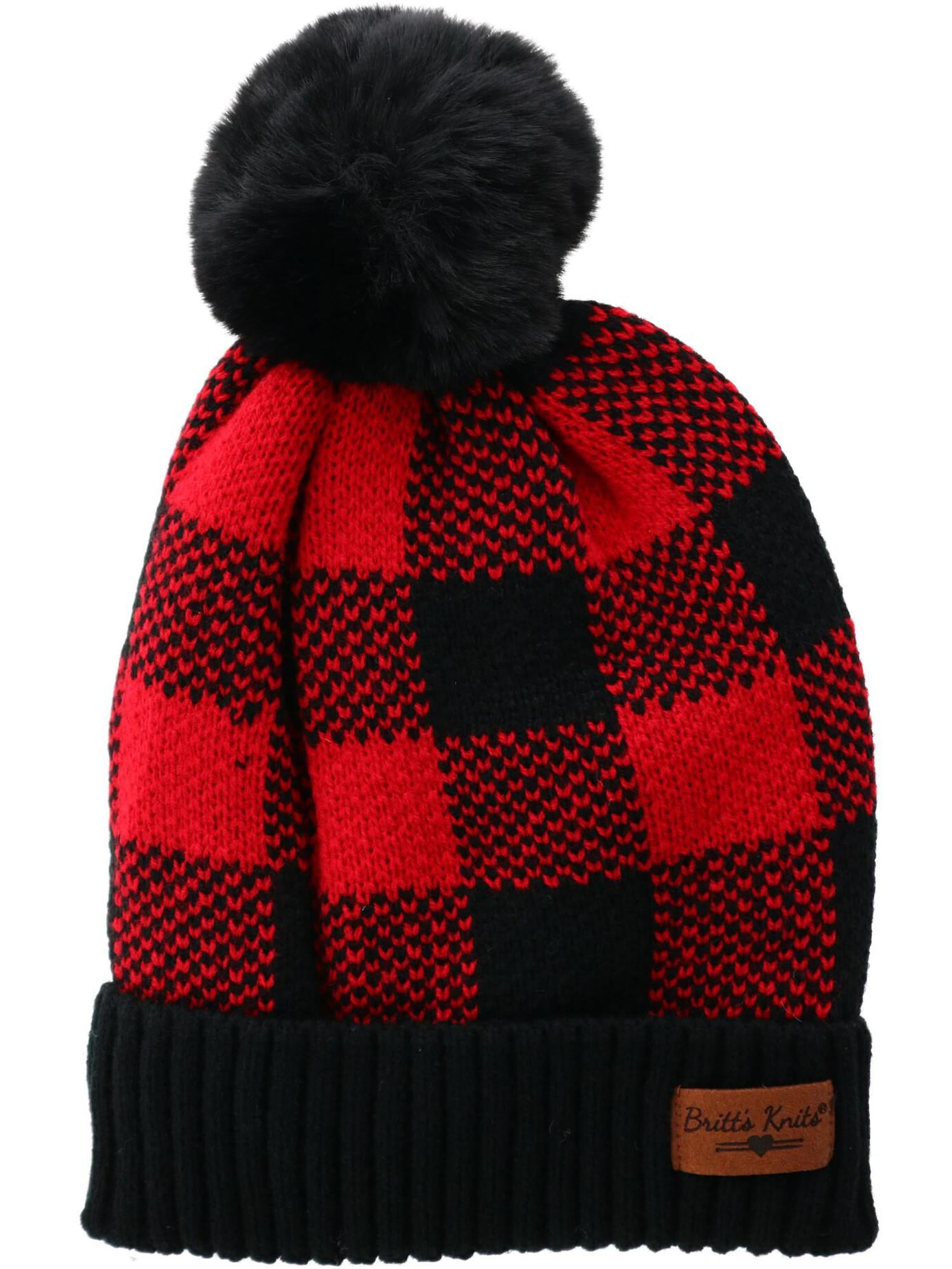 Red and Black Buffalo Plaid Knit Hat with Faux Fur Pompom