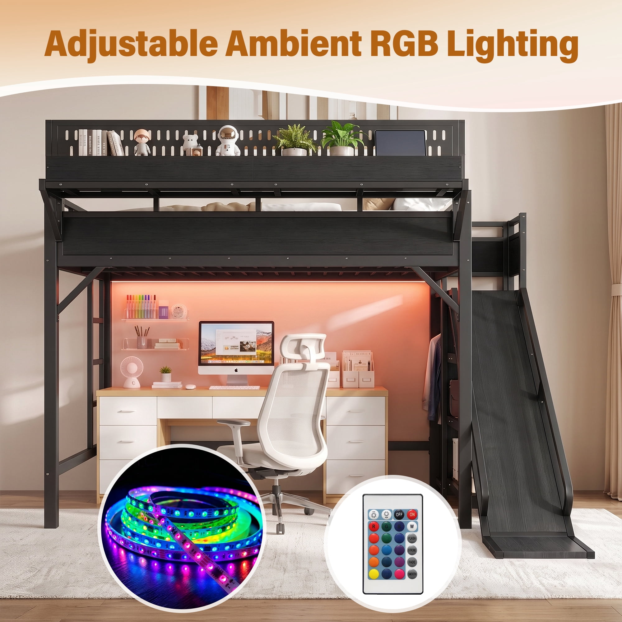Aukfa Full Size Metal Loft Bed with Slide, Shelves, Wardrobe, USB Ports & LED Lights, Space-Saving Bed Frame for Kids Teens Adults, Black