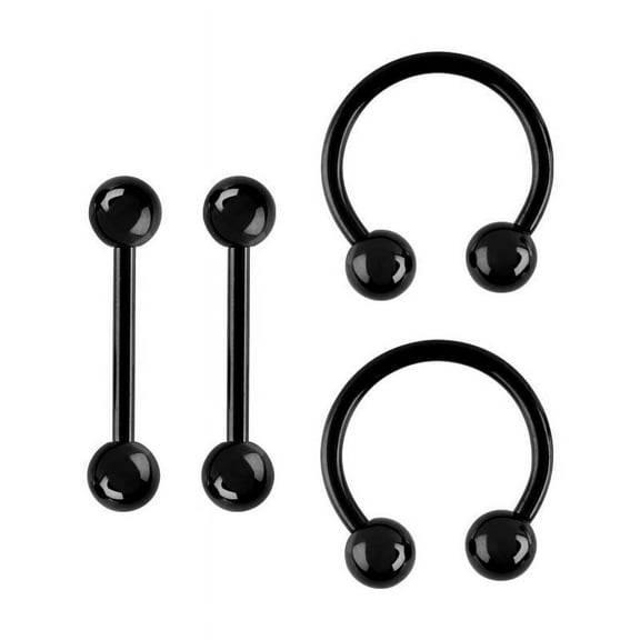 Set Of 4 Barbell and Horse Shoe Tongue Nipple Ring Black Ion Plated 14G Men Women BodyJewelryOnline