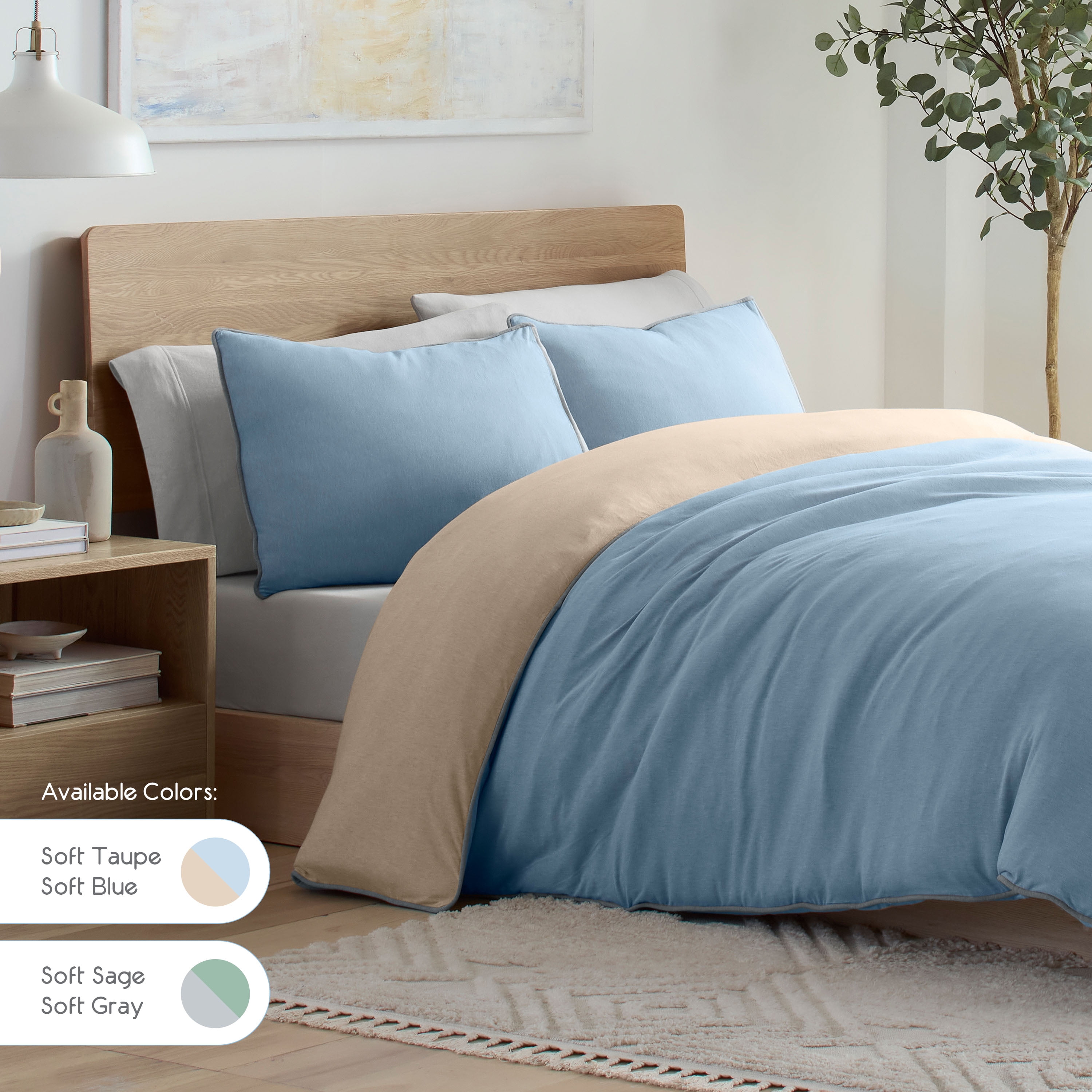 Vellux Jersey Knit 2-Piece Comforter Set, Cotton Blend, Twin, Blue/Taupe