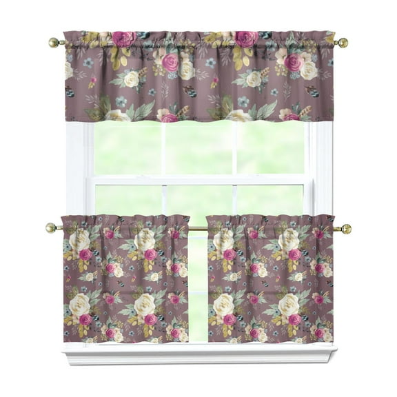 Floral Vintage Curtains 24 Inch - 3 Panel Boho Farmhouse Set with Rustic Wildflowers, Rod Pocket Window Treatment