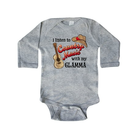 

Inktastic I Listen to Country Music with my Glamma Guitar and Hat Gift Baby Boy or Baby Girl Long Sleeve Bodysuit