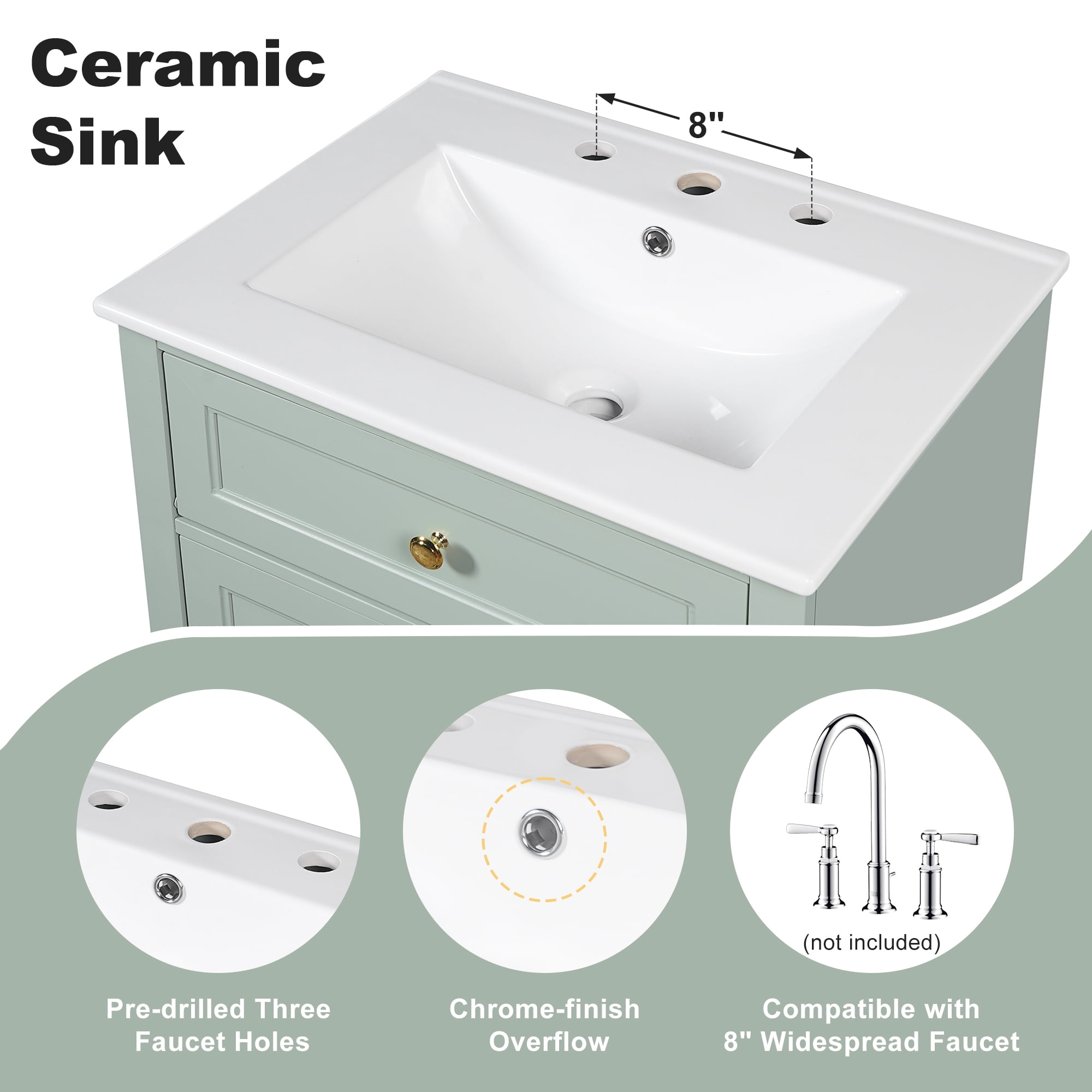 24 Inch Bathroom Vanity with Sink, Green Bathroom Vanity with 3 Drawers & Cabinet, Soft Close Door with Storage Rack, Modern Vanity for Small Bathroom, Freestanding Design