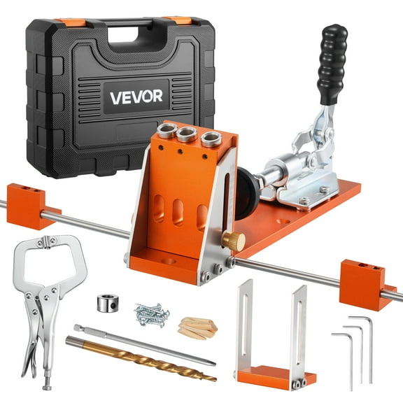 VEVOR Pocket Hole Jig Kit, 1/2 to 1-1/2 in Adjustable,Jig Pocket Hole System with Toolcase, C-Clamp, Step Drill, Hex Wrench, Drill Stop Ring, Square Drive Bit, Reinforced Metal Frame, for Woodworking