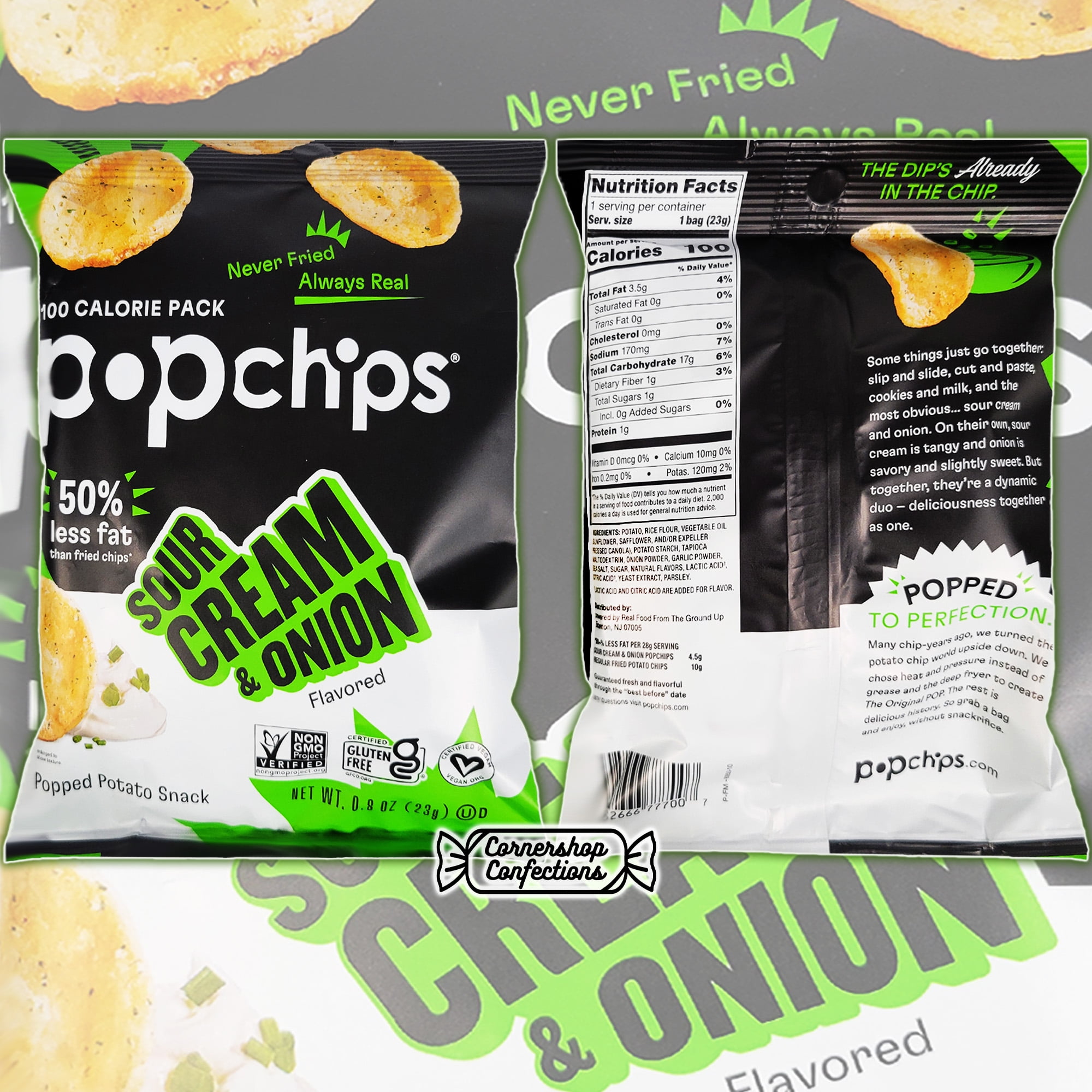 Popchips Sour Cream & Onion Bulk Pack - 24 Individually Sealed 0.8 Ounce Bags - Popped Potato Snack - Never Fried, Always Real - For Lunches, Quick Snacks, Movies in Cornershop Confections Pack