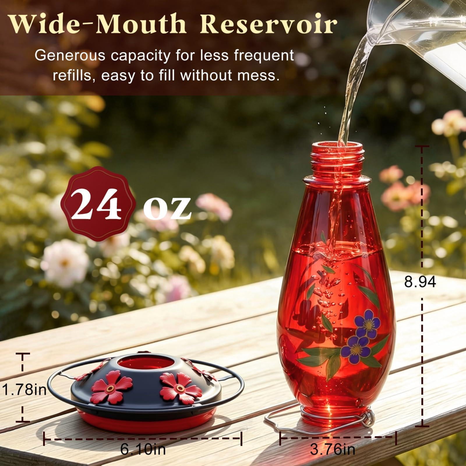 Red 24 Oz Thick Glass Hummingbird Feeder, Outdoor Hanging Garden Decor with 5 Feeding Ports