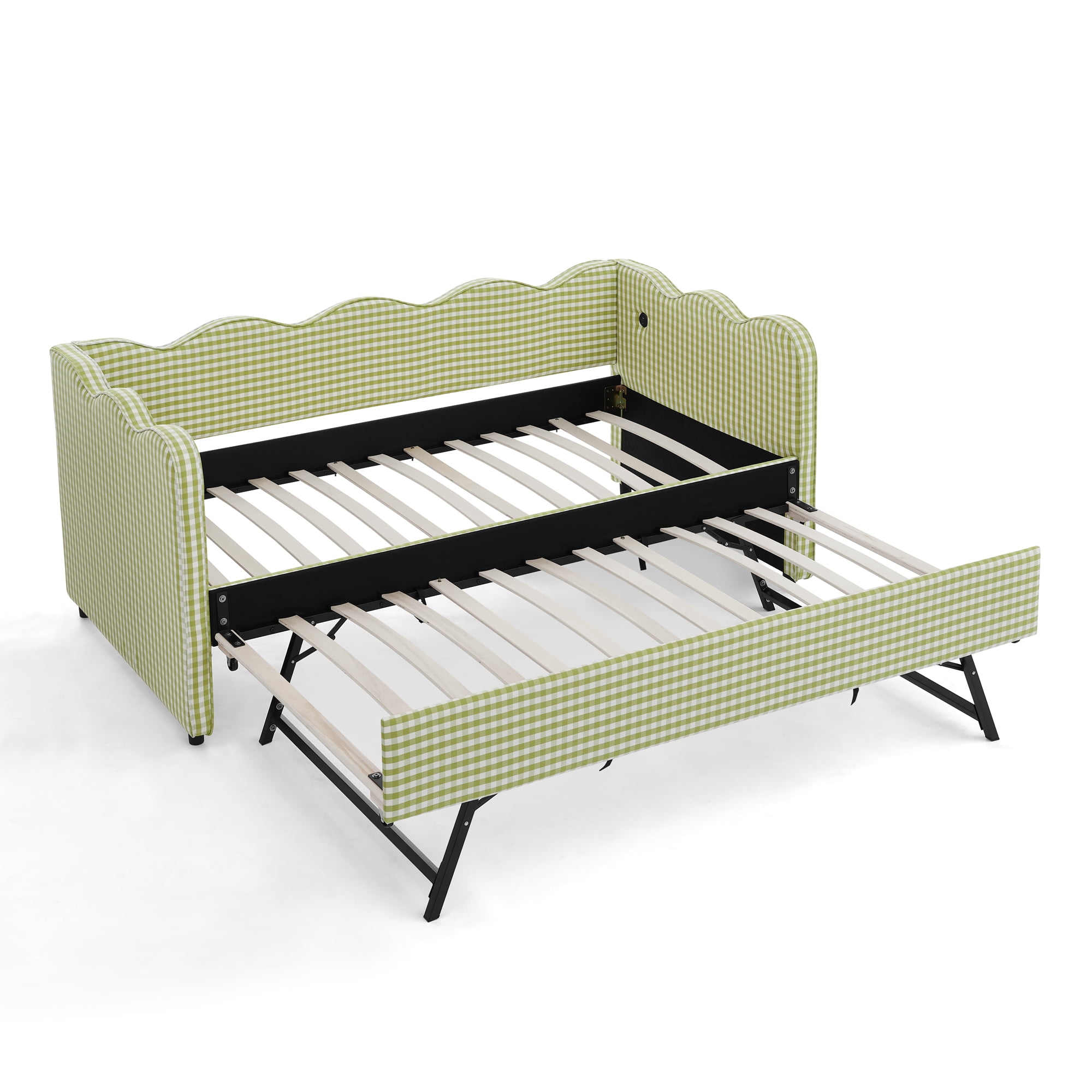 GARITIN Twin Size Daybed with Trundle, Gingham Sofa Bed with USB Port and Wavy Shape Headboard for Kids Room, Green