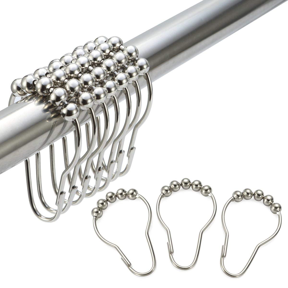 12Pcs Stainless Steel Rust Proof Shower Curtain Hooks Free Gliding Rings Kit 