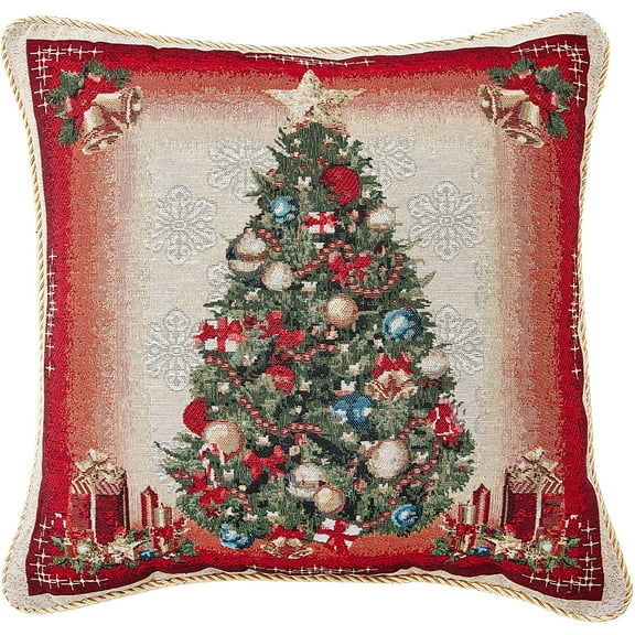 Violet Linen Seasonal Xmas Christmas Holiday Bliss Pattern, Polyester Tapestry Jacquard , Santa Tree , 18 Inch x 18 Inch, Decorative Throw Pillow Cover