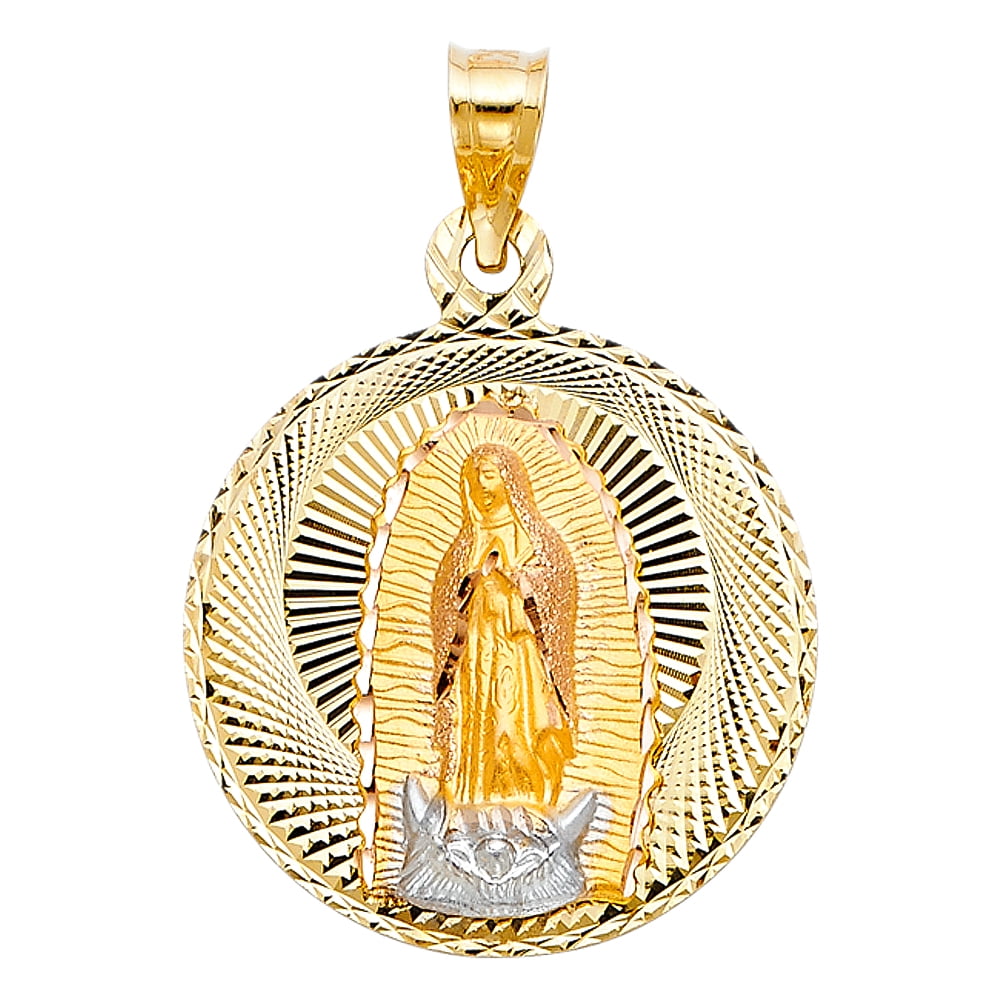 14K Solid Tri-Color Gold Dia-Cut Guadalupe & Baptism Double Side Stamp Pendant
