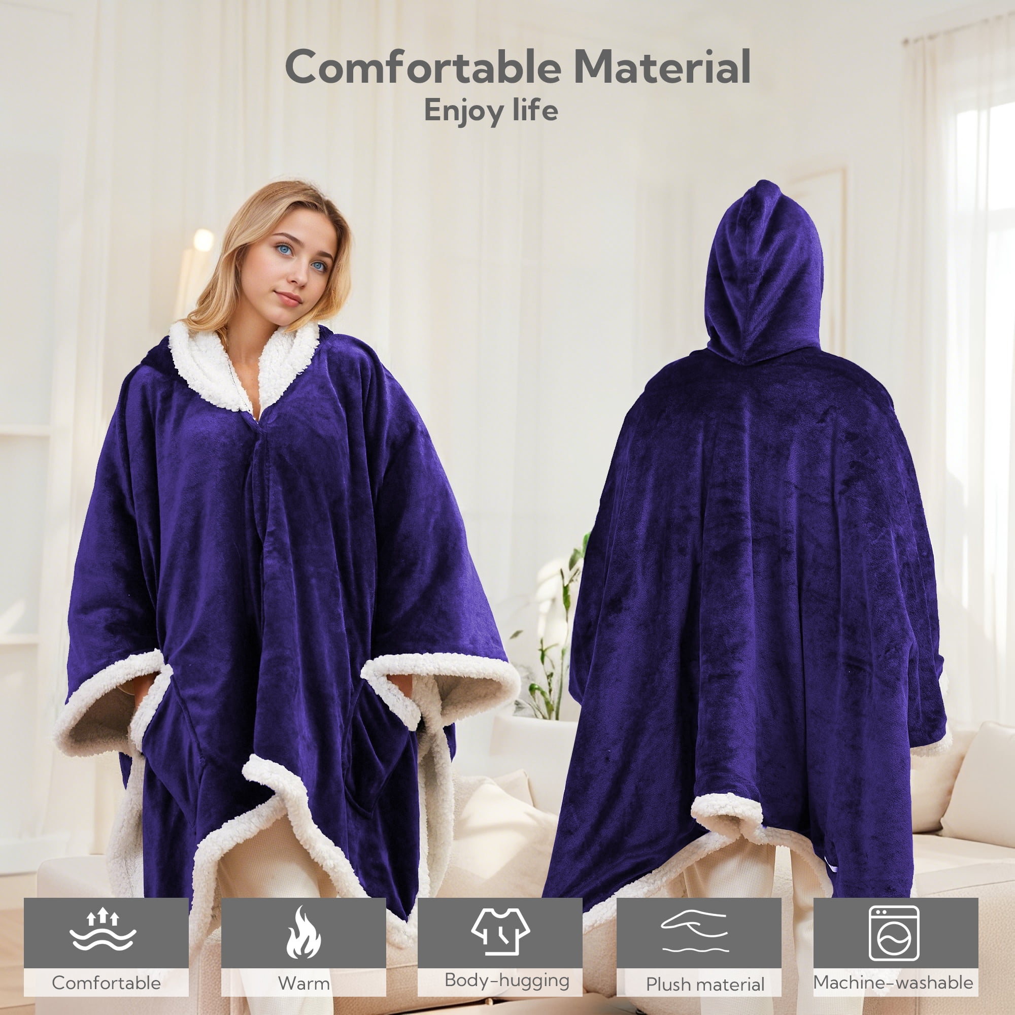 SUNNY HEAT Heated Electric Wearable Throw Blanket with Hood Pockets, 56"x63", Soft Flannel & Sherpa, 3H Auto Shut Off, Machine Washable, Purple