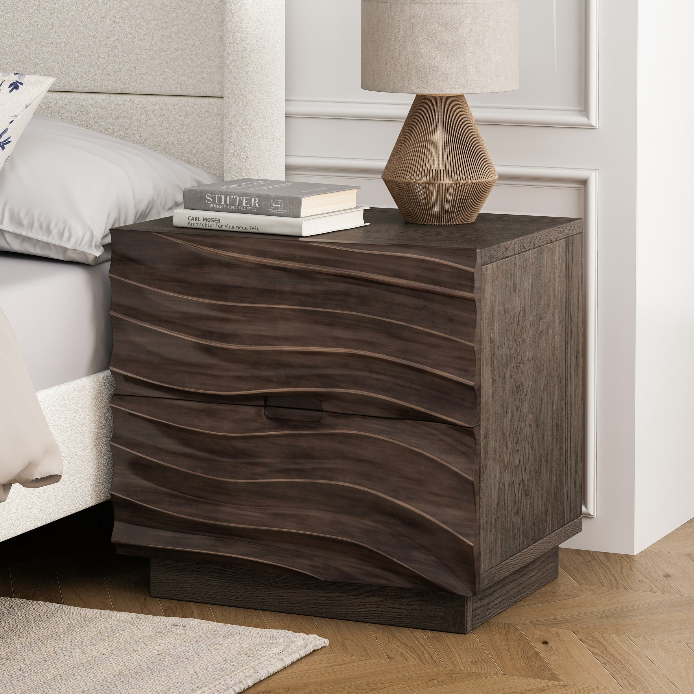 Solid Wood Nightstands, Bedside Table with 2 Drawers, No Handles, Sofa End Table for Living Room, Bedrooms, Brown