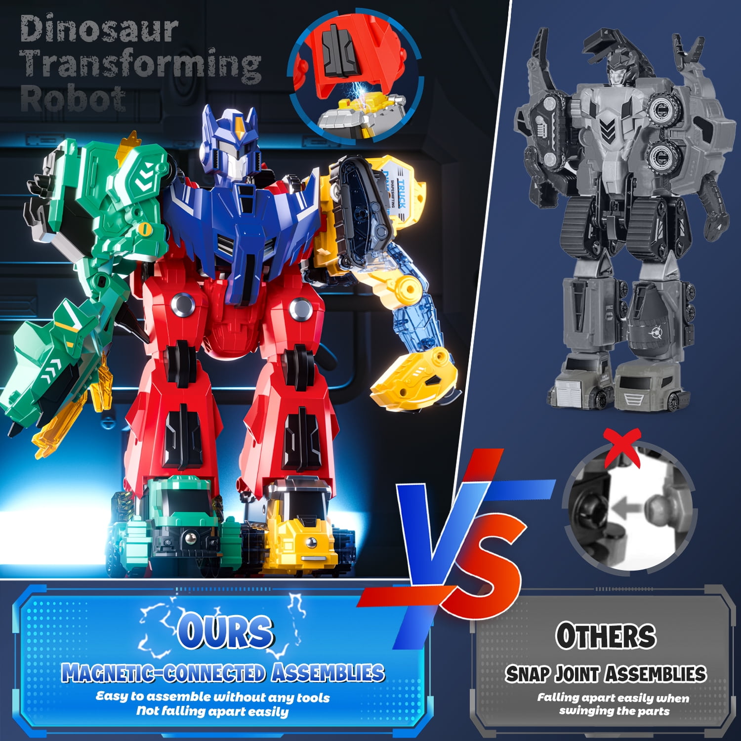 HopeRock Dinosaur Transforming Robot Toys for Kids, 6-in-1 Magnetic Dinosaur Car, Toys for Boys Ages 3 4 5 6 7 8 Years Old, with T-Rex Christmas Birthday Gift for Toddlers.