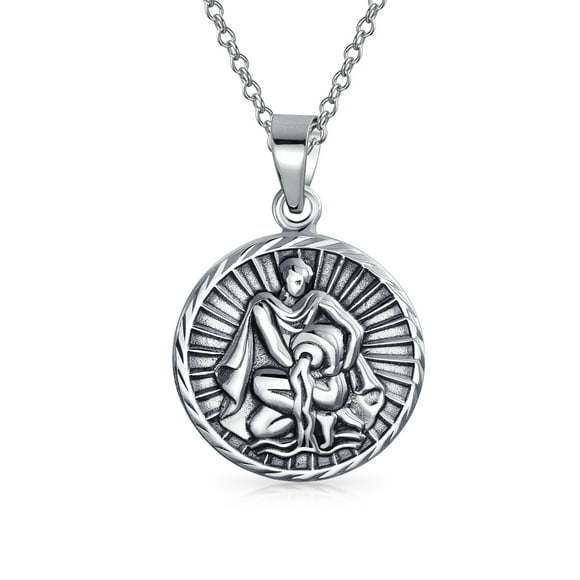 Aquarius Zodiac Sign Astrology Horoscope Round Medallion Pendant for Men Women Necklace Antiqued Sterling Silver