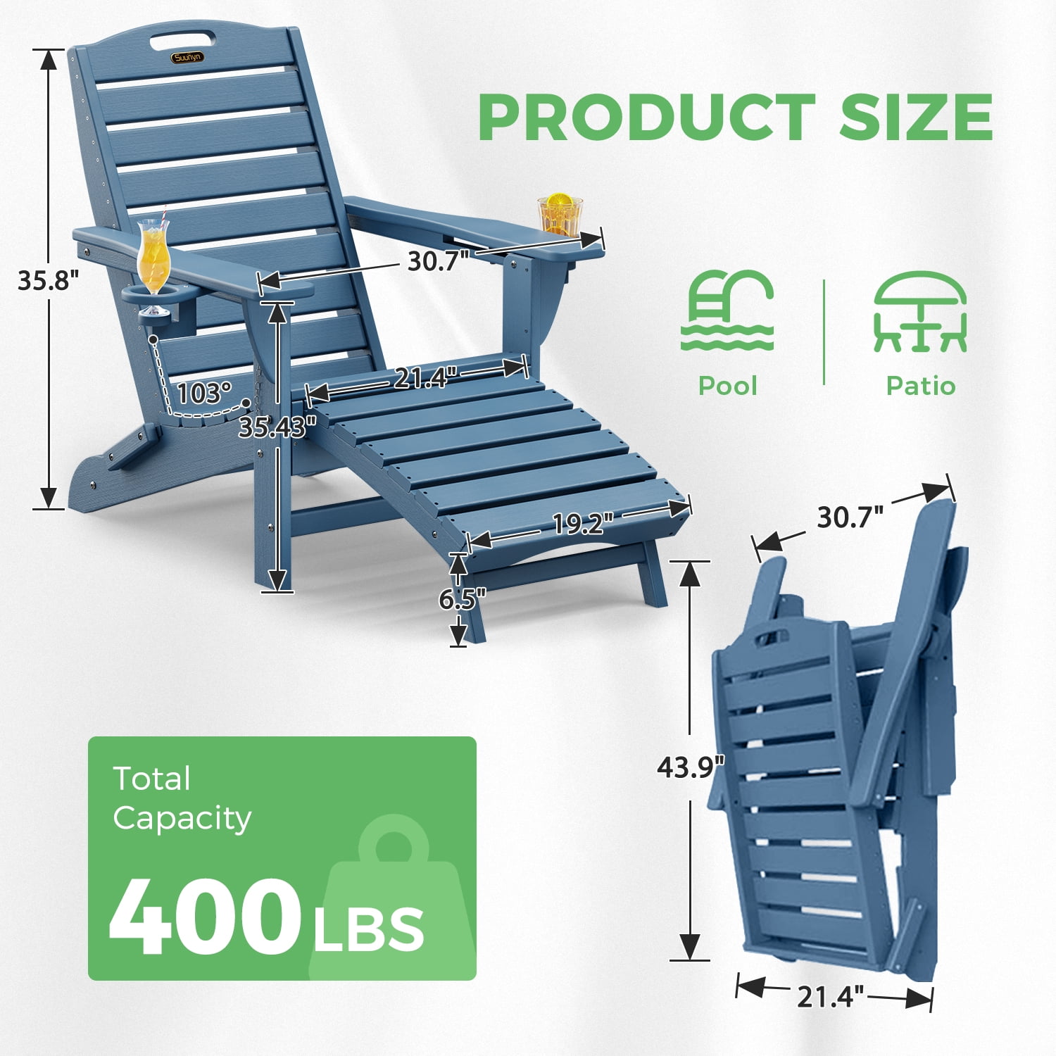 Folding Adirondack Chair with Ottoman Set of 2 HDPE Outdoor Chair Pull Out Footrest with 2 Cup Holders Garden Lawn Navy